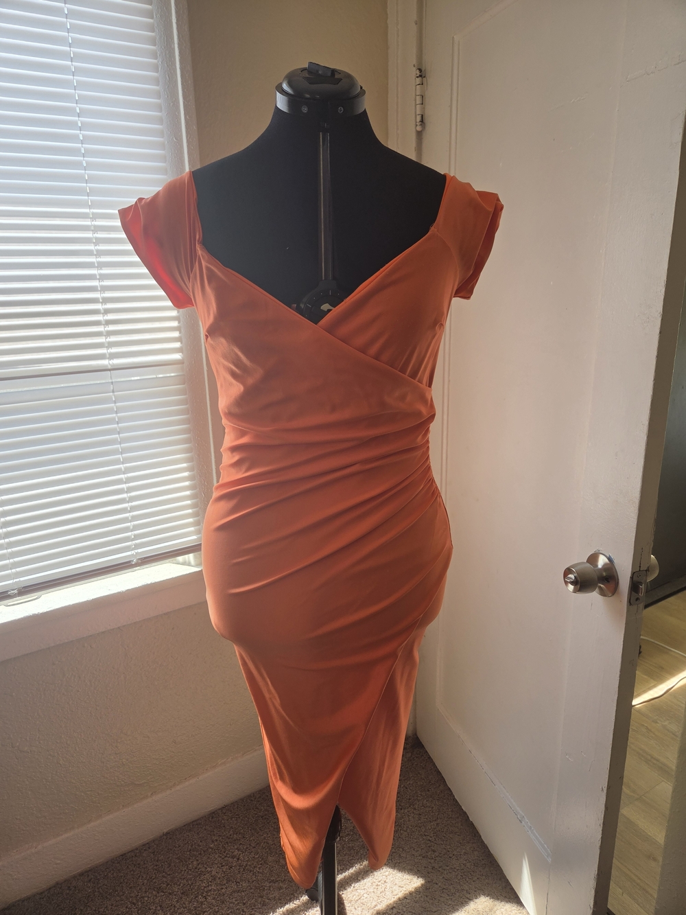 Windsor Orange Ruched Wrap Midi Dress